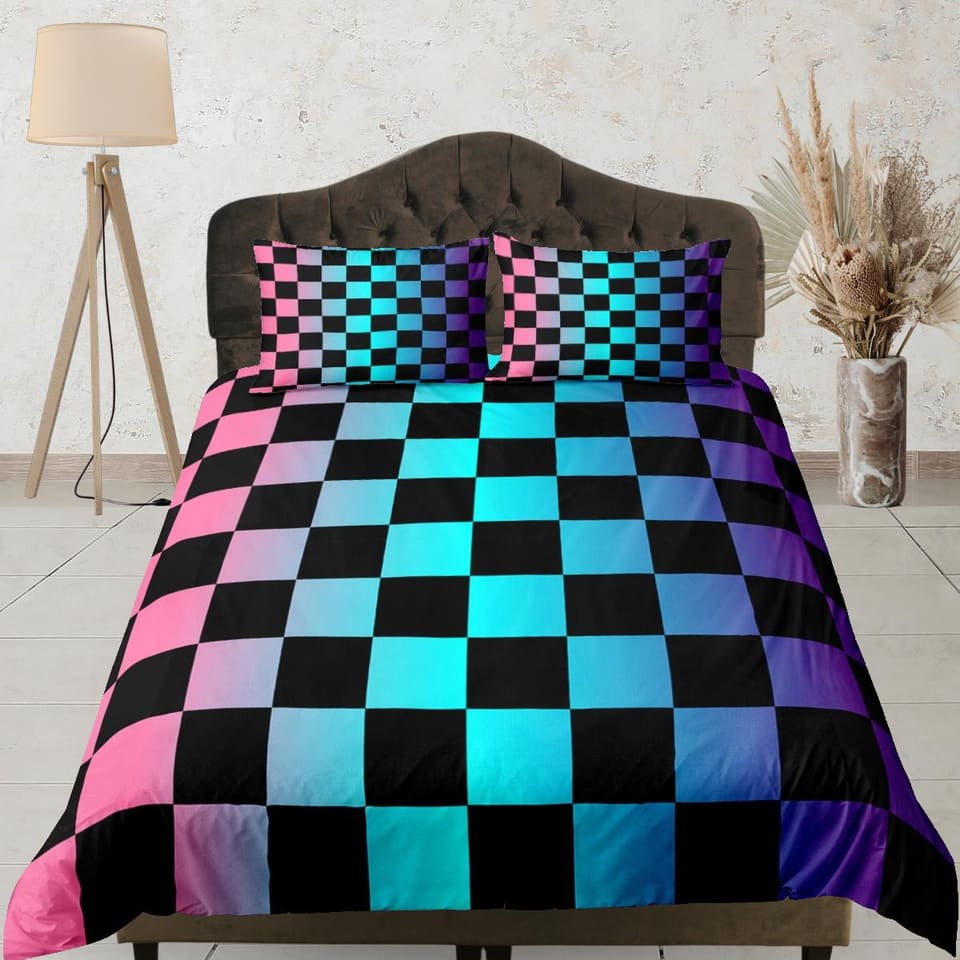 Colorful Checkered Fabric Duvet Cover Dorm Bedding Set Full Checkered Comforter Cover