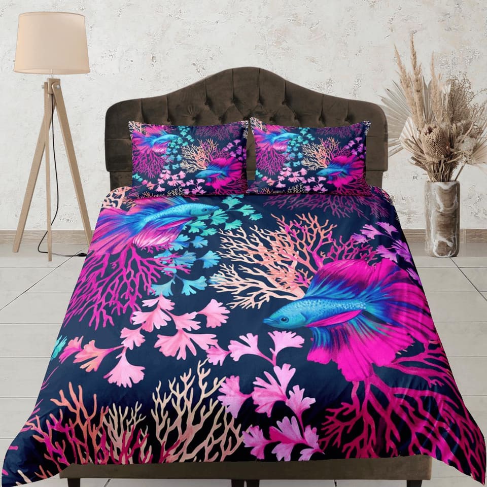 Colorful corals unique coastal grandma duvet cover nautical bedding set full queen king, aesthetic beach room decor, ocean…