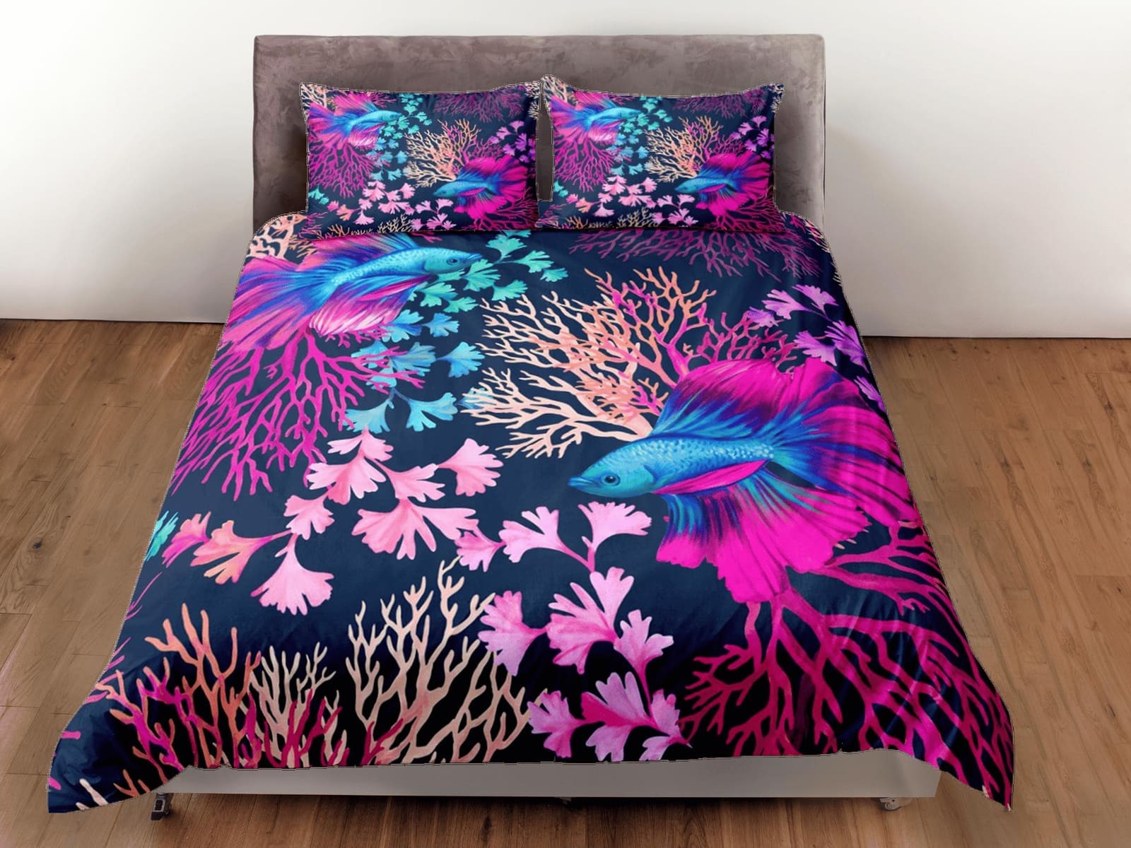 Colorful corals unique coastal grandma duvet cover nautical bedding set full queen king, aesthetic beach room decor, ocean…