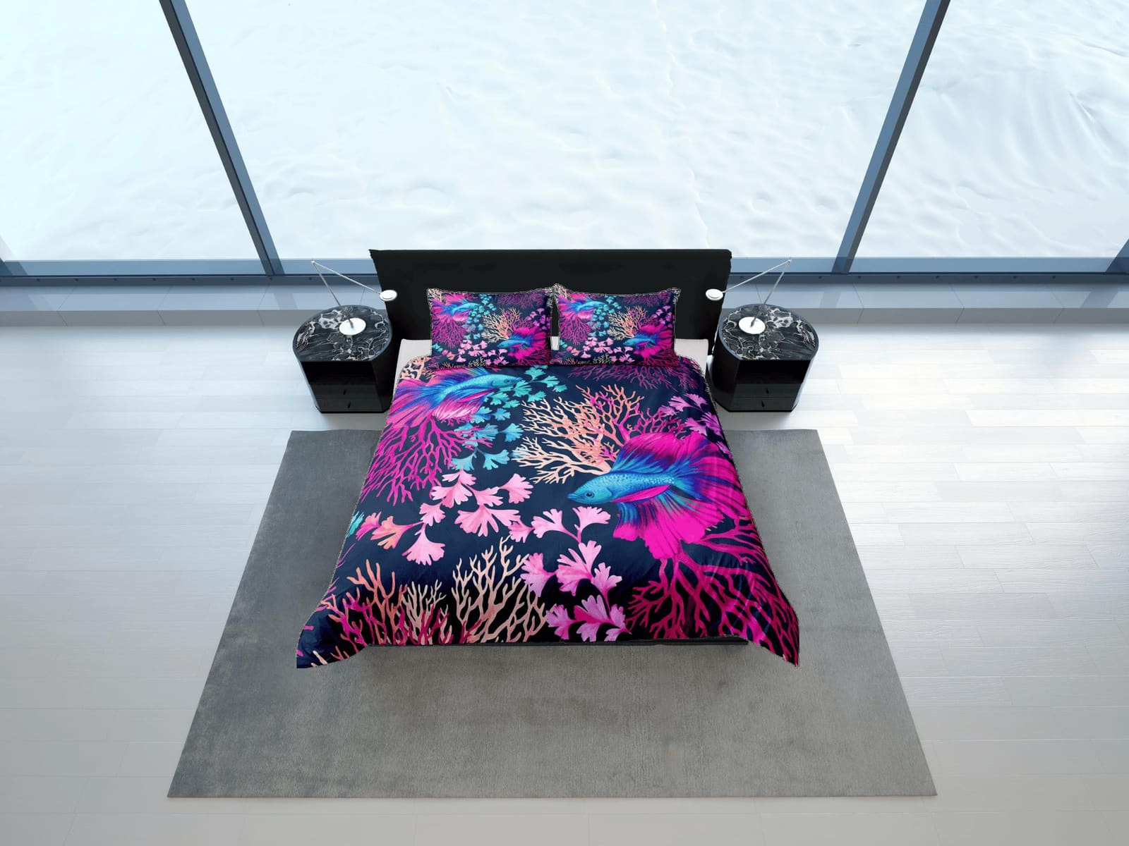 Colorful corals unique coastal grandma duvet cover nautical bedding set full queen king, aesthetic beach room decor, ocean…