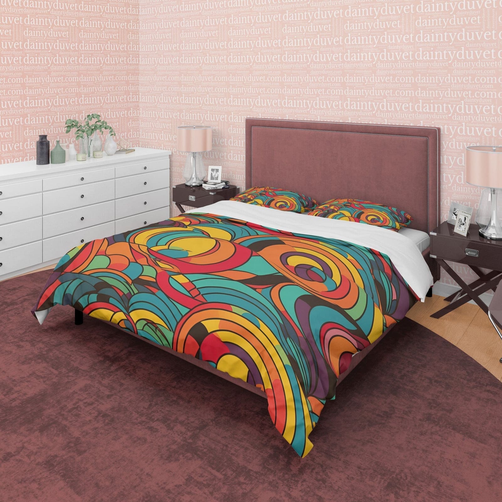 Colorful Cotton Duvet Cover, Retro Bedding Set, Abstract Geometric Quilt Cover, 70's Nostalgia Bedspread, Vibrant Bed Cove…