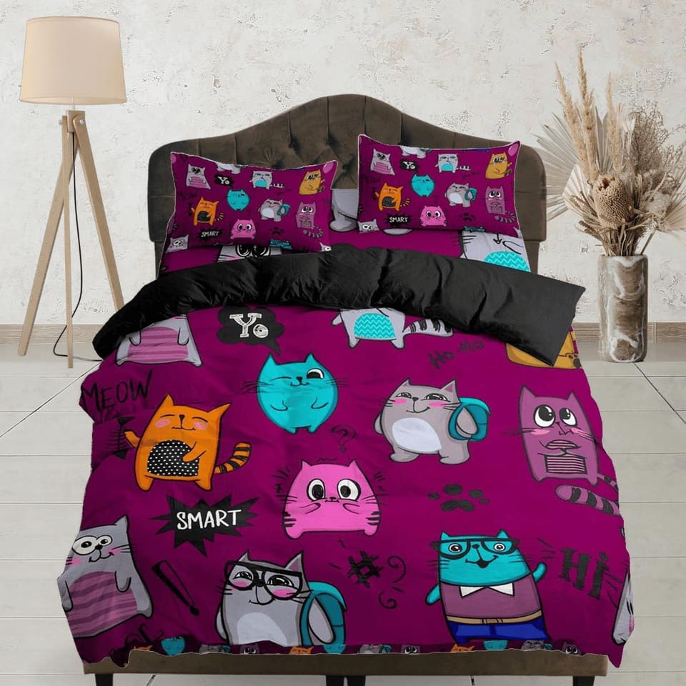 Colorful cute cat bedding violet, toddler bedding, kids duvet cover set, gift for cat lovers, baby bedding, baby shower gift