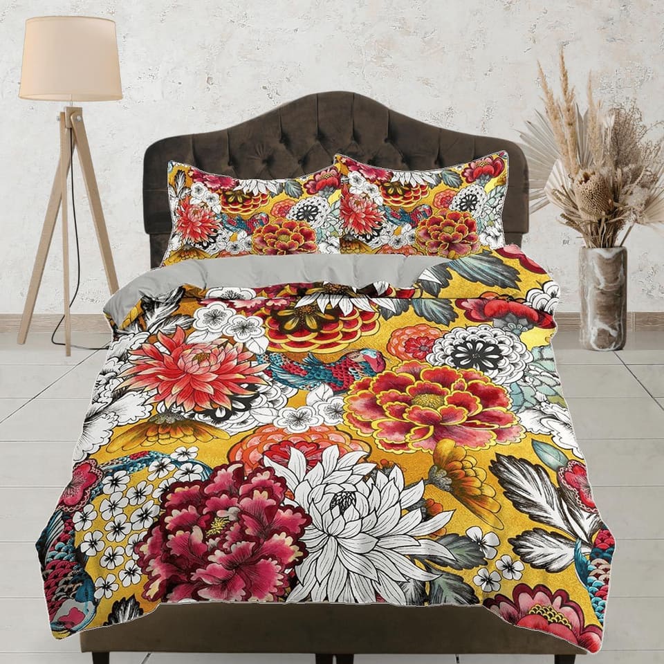 Colorful dahlia floral duvet cover colorful bedding, teen girl bedroom, baby girl crib bedding boho maximalist bedspread a…