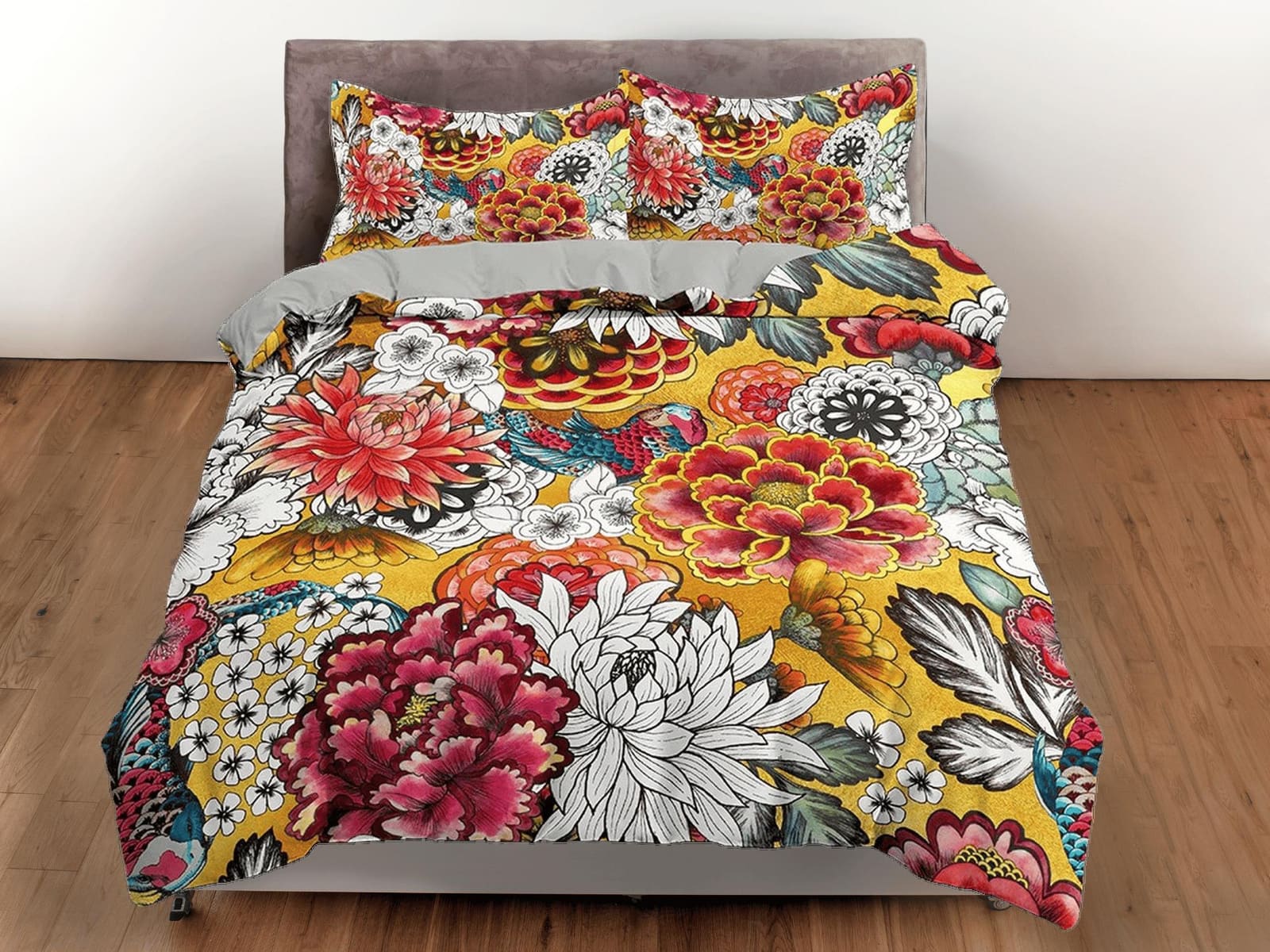 Colorful dahlia floral duvet cover colorful bedding, teen girl bedroom, baby girl crib bedding boho maximalist bedspread a…