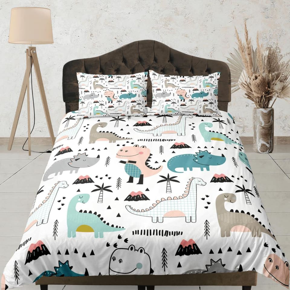Colorful dinosaur bedding, kids bedding full, cute duvet cover set, dinosaur nursery bed decor, colorful bedding, baby din…