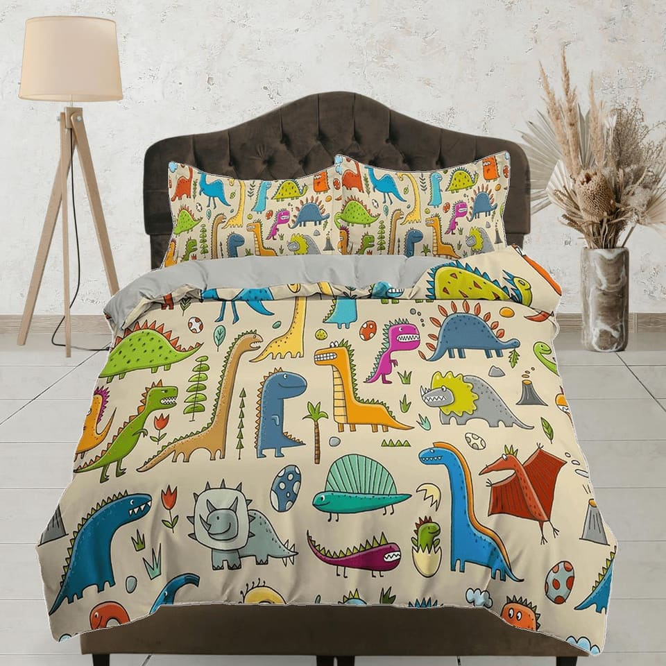 Colorful dinosaurs, beige toddler bedding, duvet cover for nursery kids, crib bedding, baby zipper bedding, king queen ful…