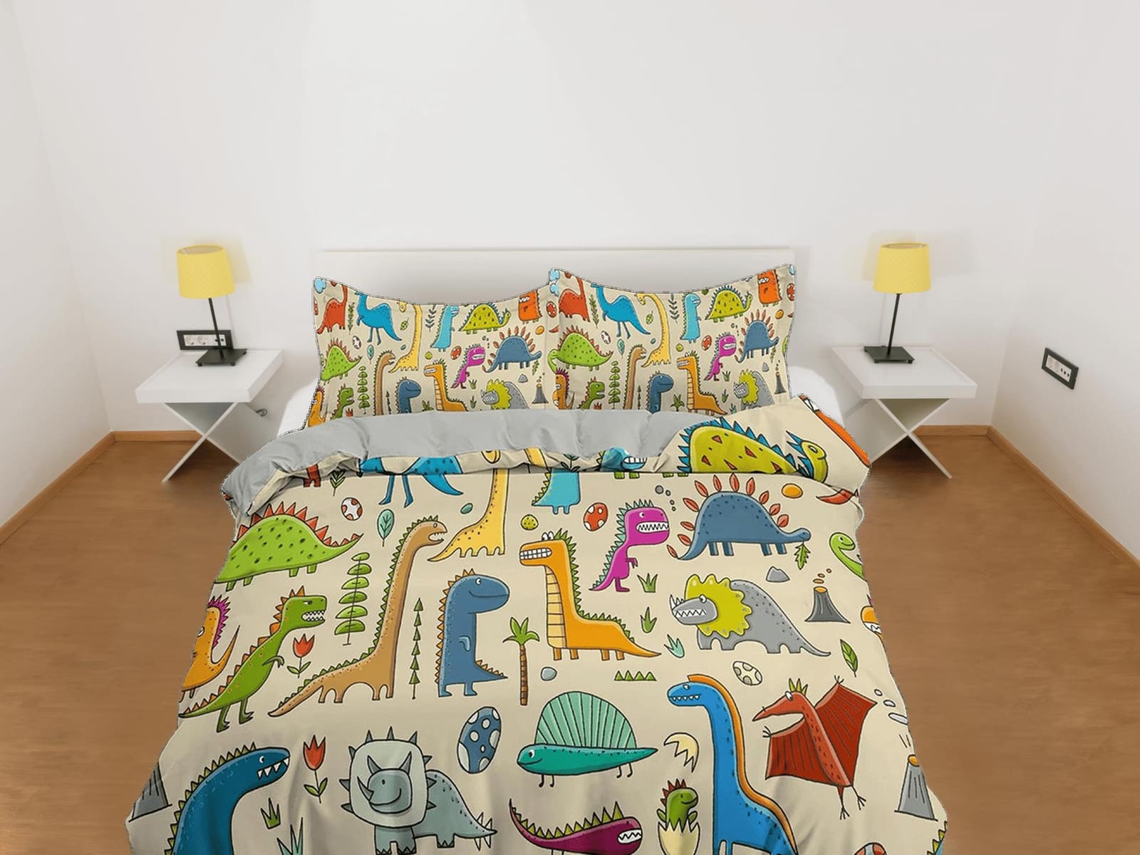 Colorful dinosaurs, beige toddler bedding, duvet cover for nursery kids, crib bedding, baby zipper bedding, king queen ful…
