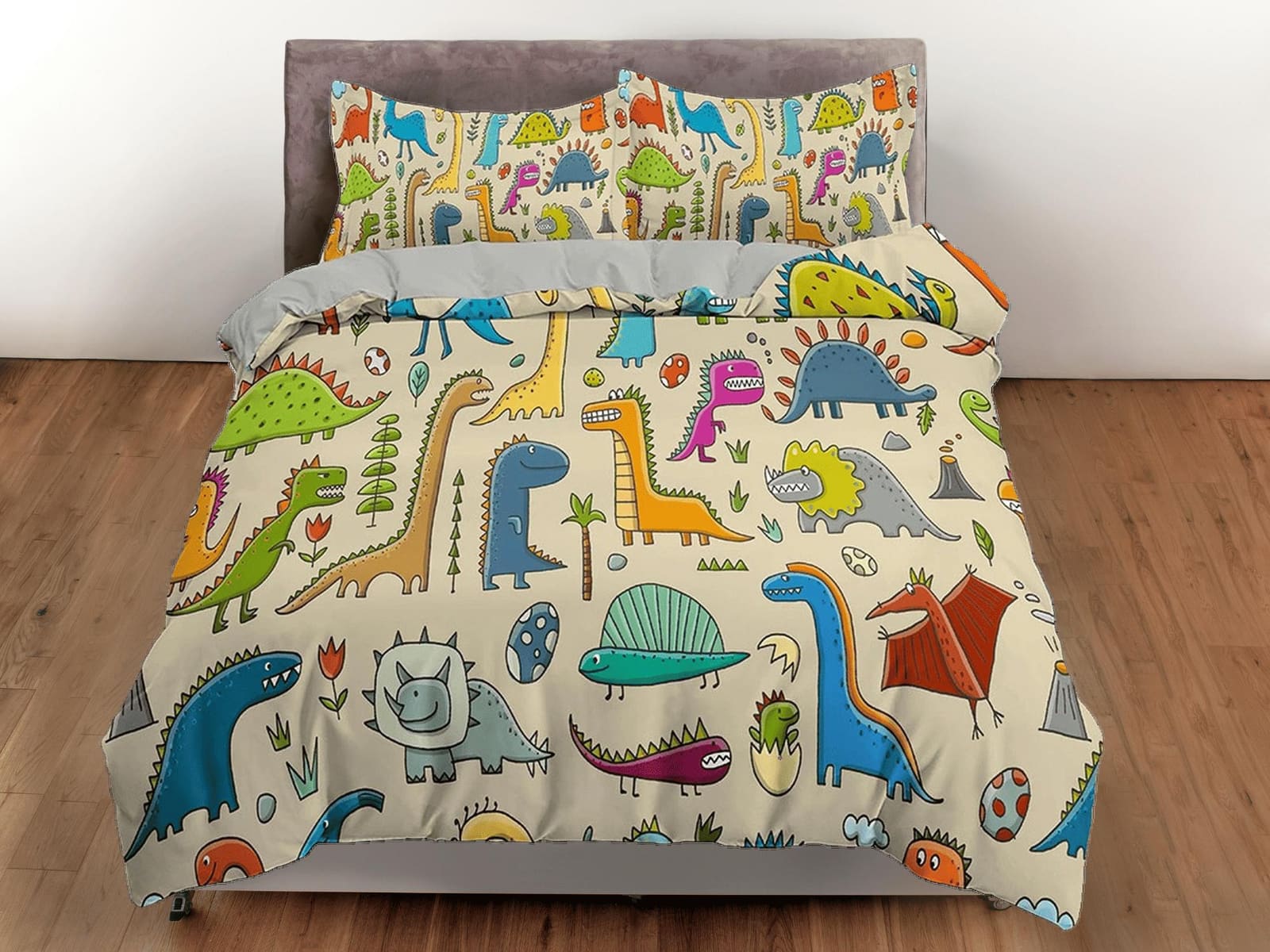 Colorful dinosaurs, beige toddler bedding, duvet cover for nursery kids, crib bedding, baby zipper bedding, king queen ful…