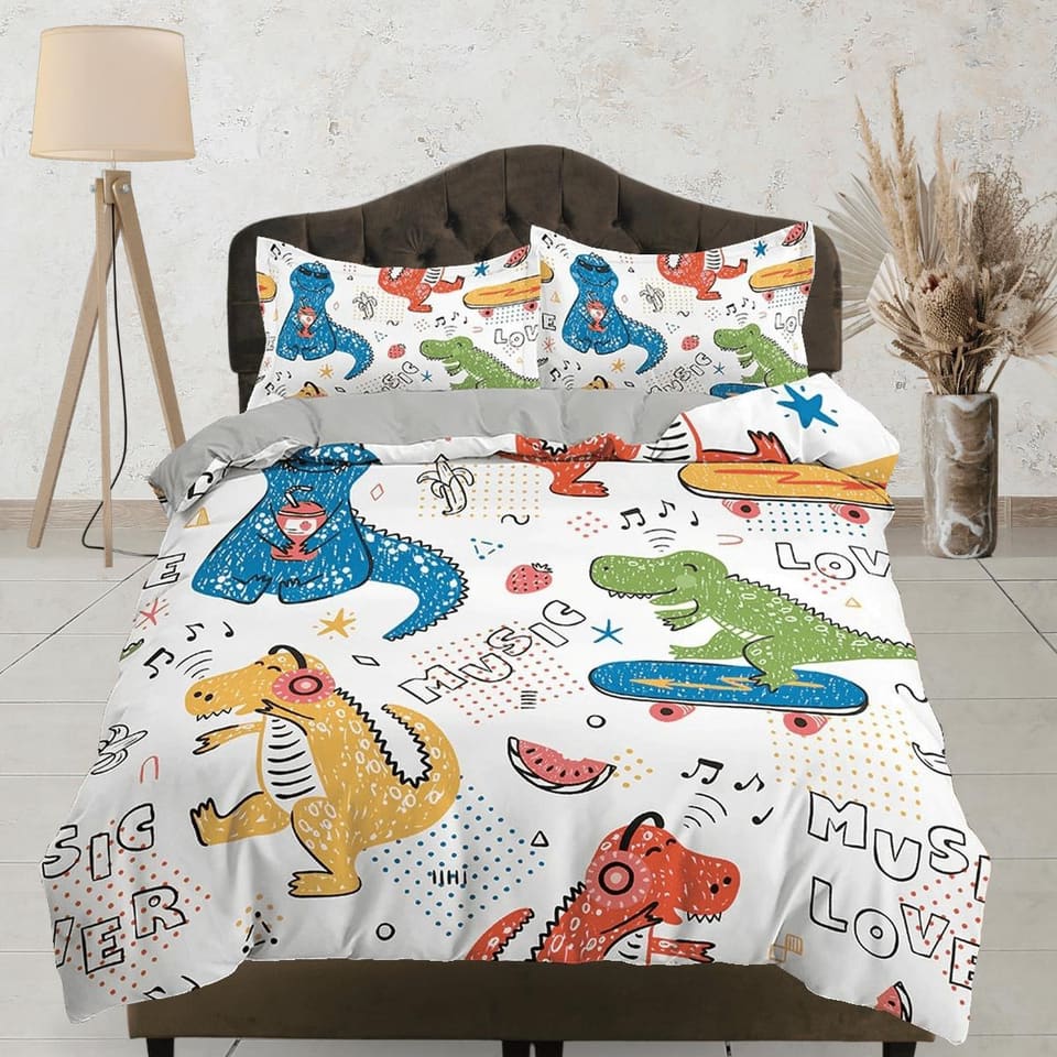 Colorful Dinosaurs Music Lovers, Cool Toddler Bedding, Unique Duvet Cover for Kids, Crib Bedding, Baby Zipper Bedding, Kin…