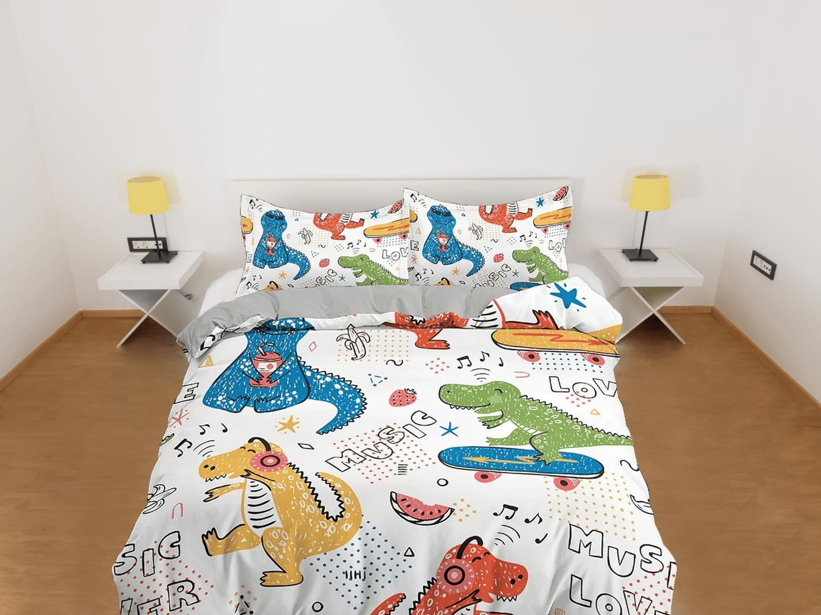 Colorful Dinosaurs Music Lovers, Cool Toddler Bedding, Unique Duvet Cover for Kids, Crib Bedding, Baby Zipper Bedding, Kin…