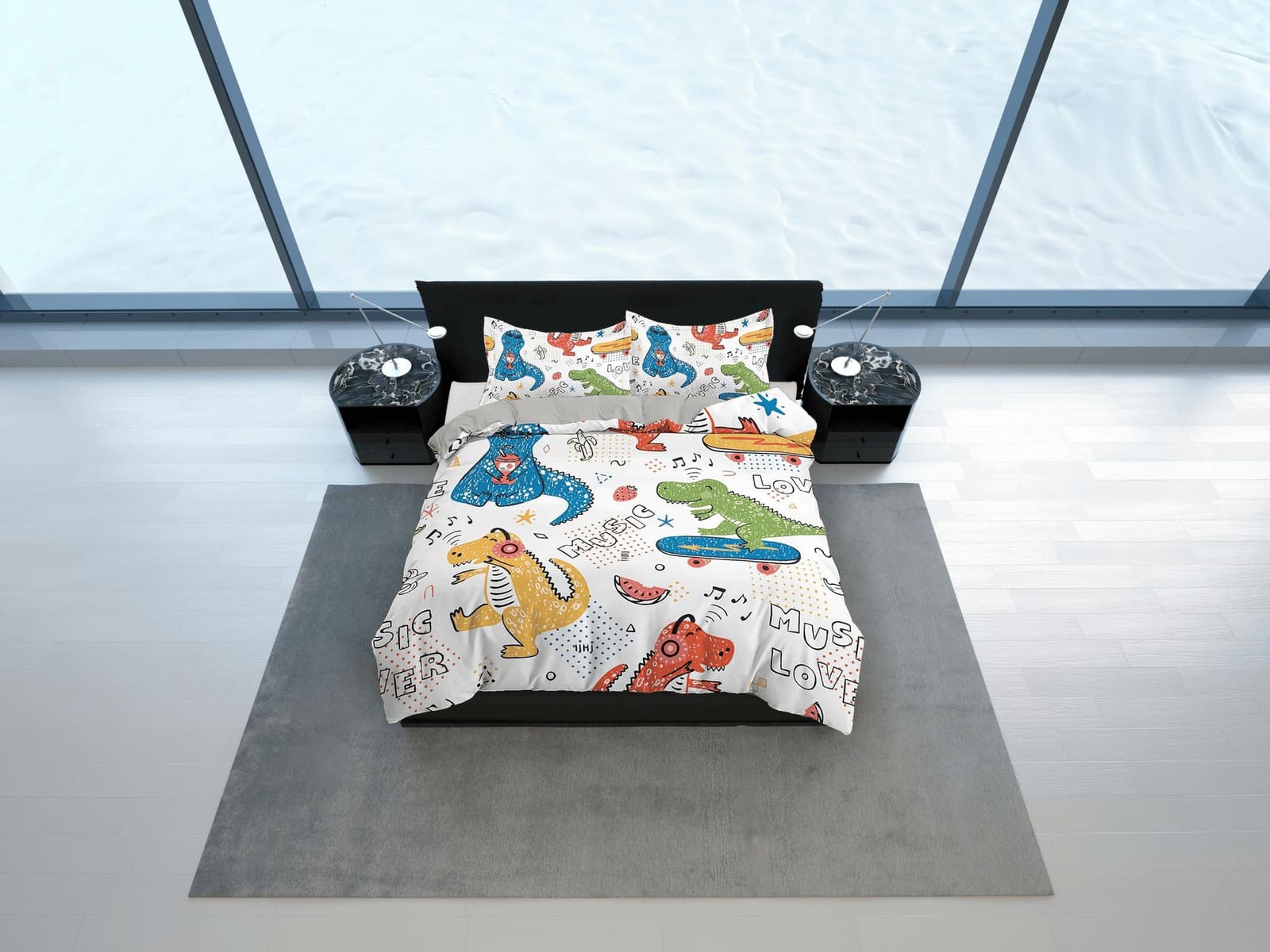 Colorful Dinosaurs Music Lovers, Cool Toddler Bedding, Unique Duvet Cover for Kids, Crib Bedding, Baby Zipper Bedding, Kin…