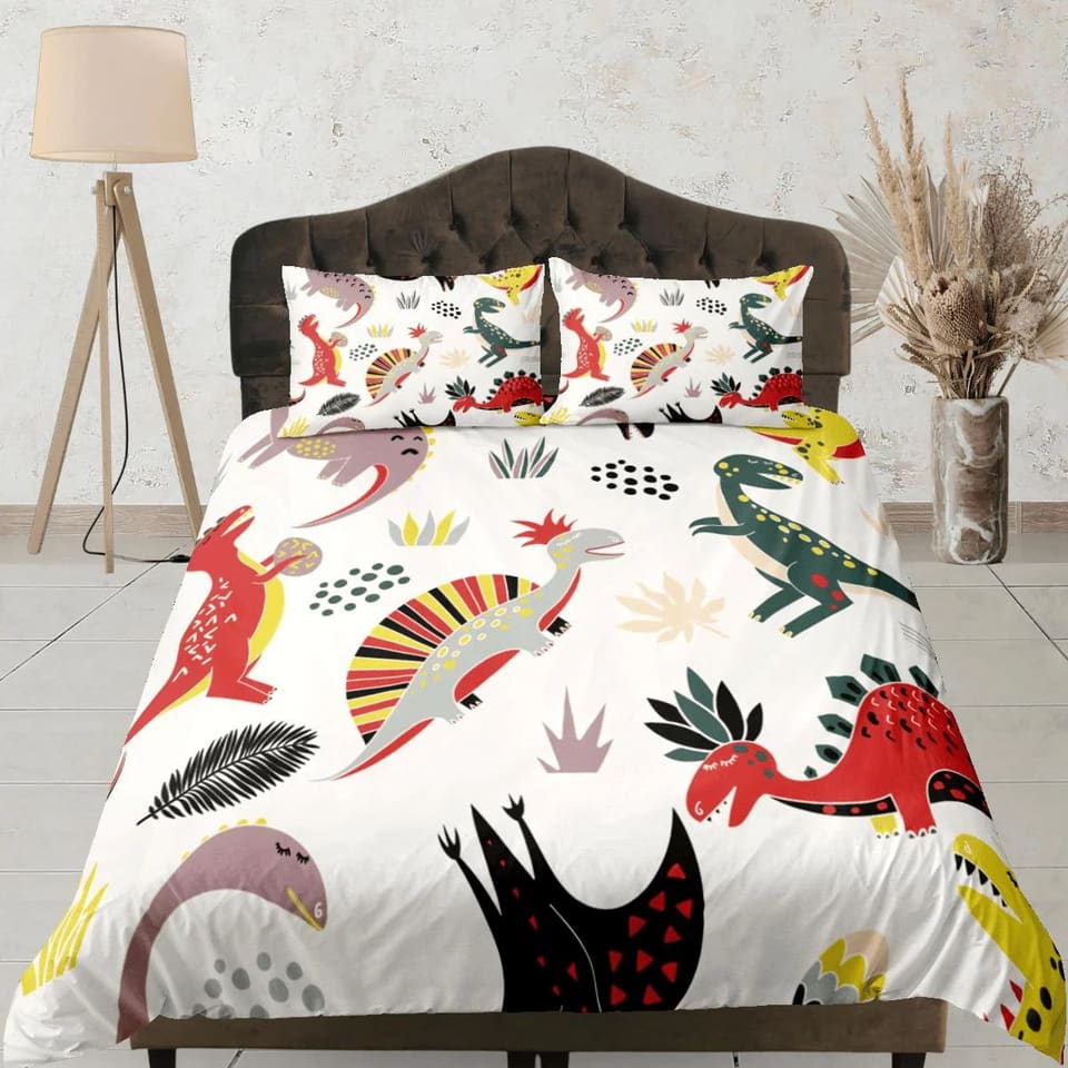 Colorful dinosaurs white bedding, kids bedding full, cute duvet cover set, nursery bed decor, colorful bedding, baby dinos…