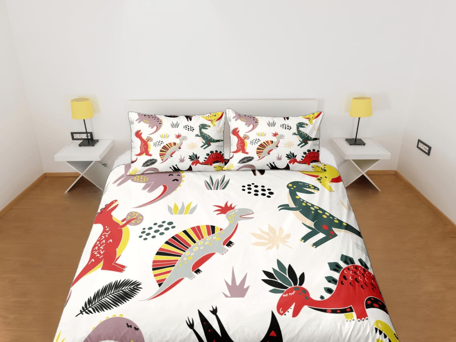 Colorful dinosaurs white bedding, kids bedding full, cute duvet cover set, nursery bed decor, colorful bedding, baby dinos…