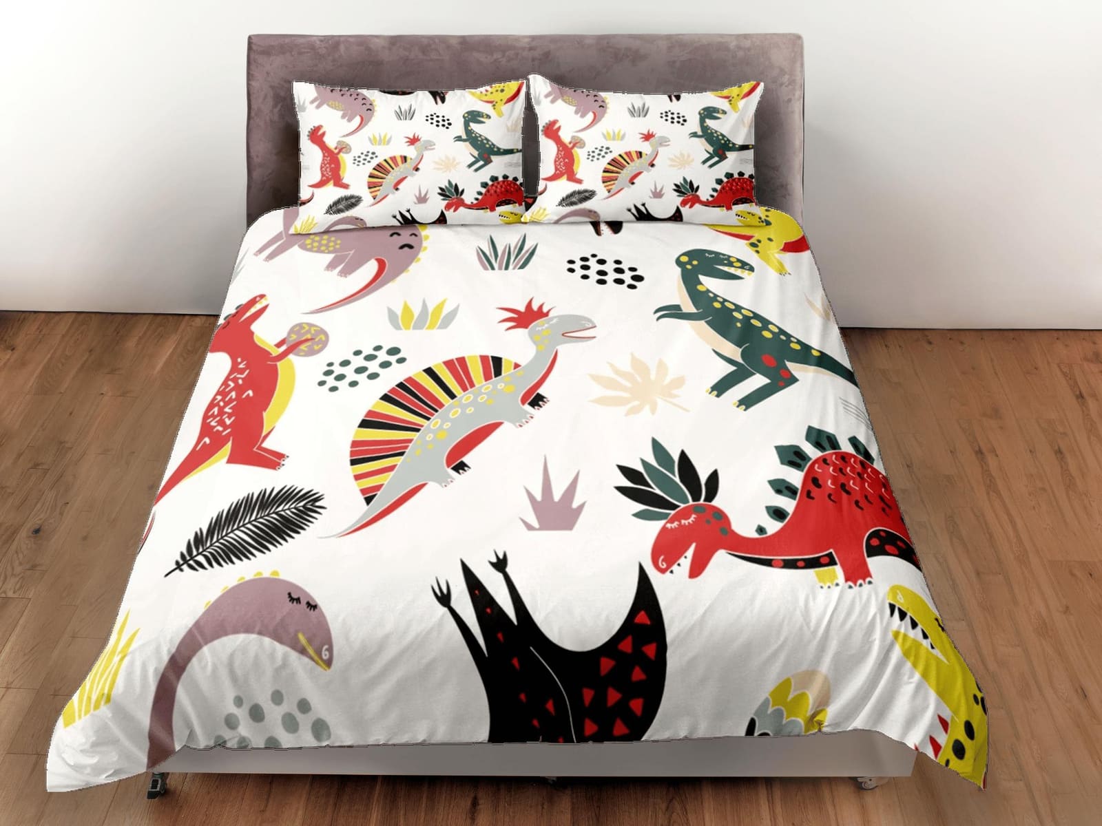 Colorful dinosaurs white bedding, kids bedding full, cute duvet cover set, nursery bed decor, colorful bedding, baby dinos…