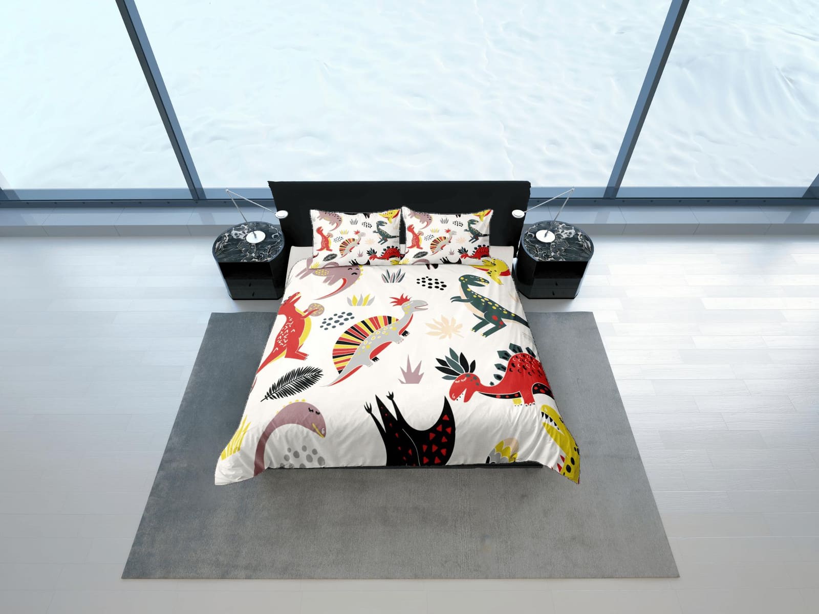 Colorful dinosaurs white bedding, kids bedding full, cute duvet cover set, nursery bed decor, colorful bedding, baby dinos…
