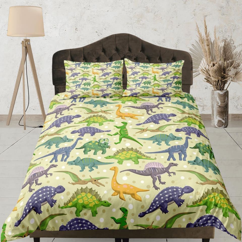 Colorful dinosaurs yellow bedding, kids bedding full, cute duvet cover set, nursery bed decor, colorful bedding, baby dino…
