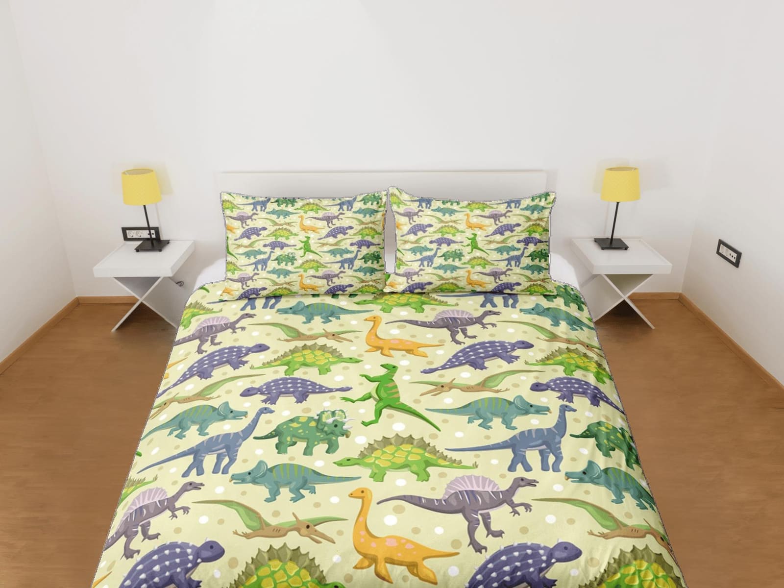 Colorful dinosaurs yellow bedding, kids bedding full, cute duvet cover set, nursery bed decor, colorful bedding, baby dino…