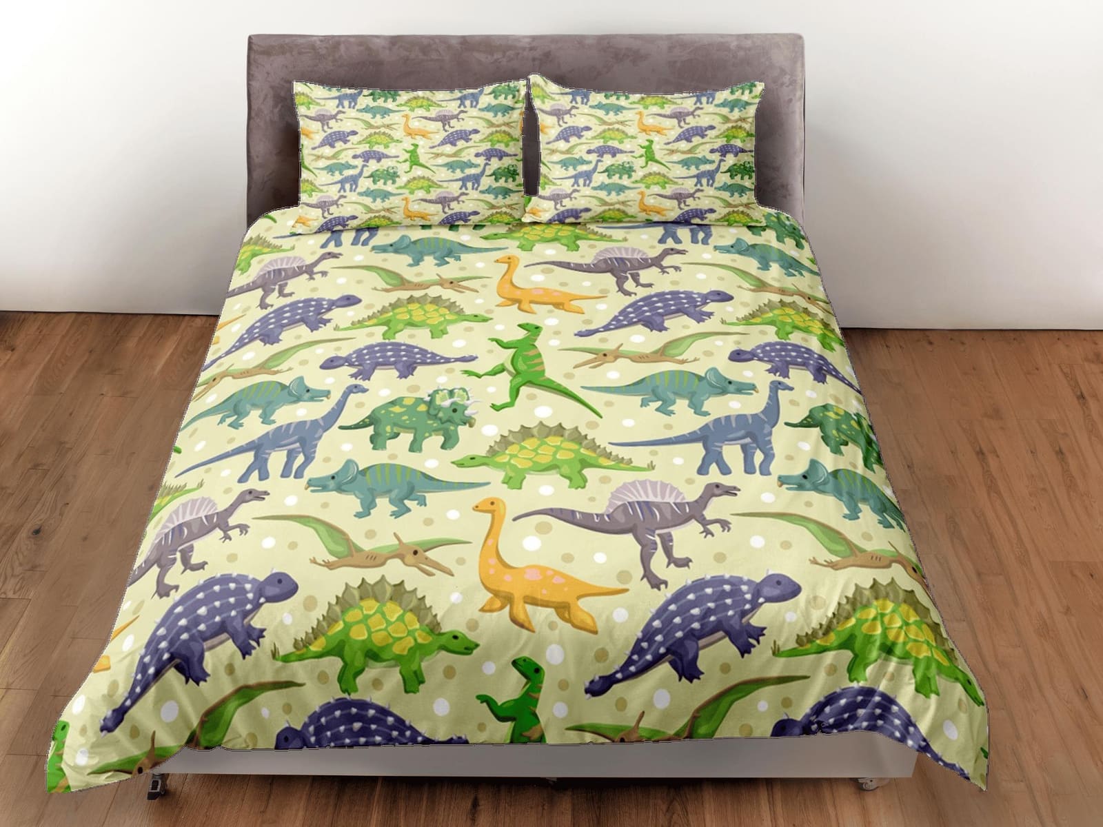 Colorful dinosaurs yellow bedding, kids bedding full, cute duvet cover set, nursery bed decor, colorful bedding, baby dino…