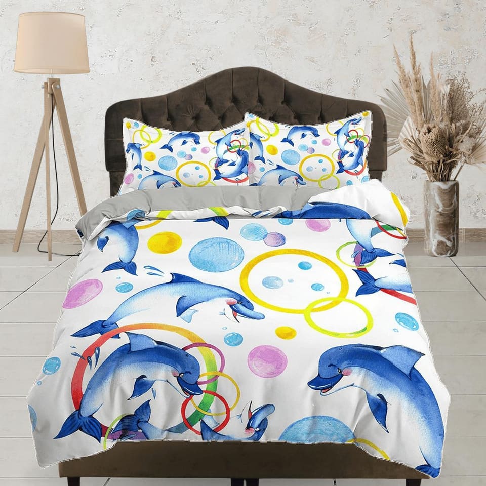 Colorful dolphin bedding white duvet cover, ocean blush decor bottle nose dolphin bedding set full king queen twin, colleg…