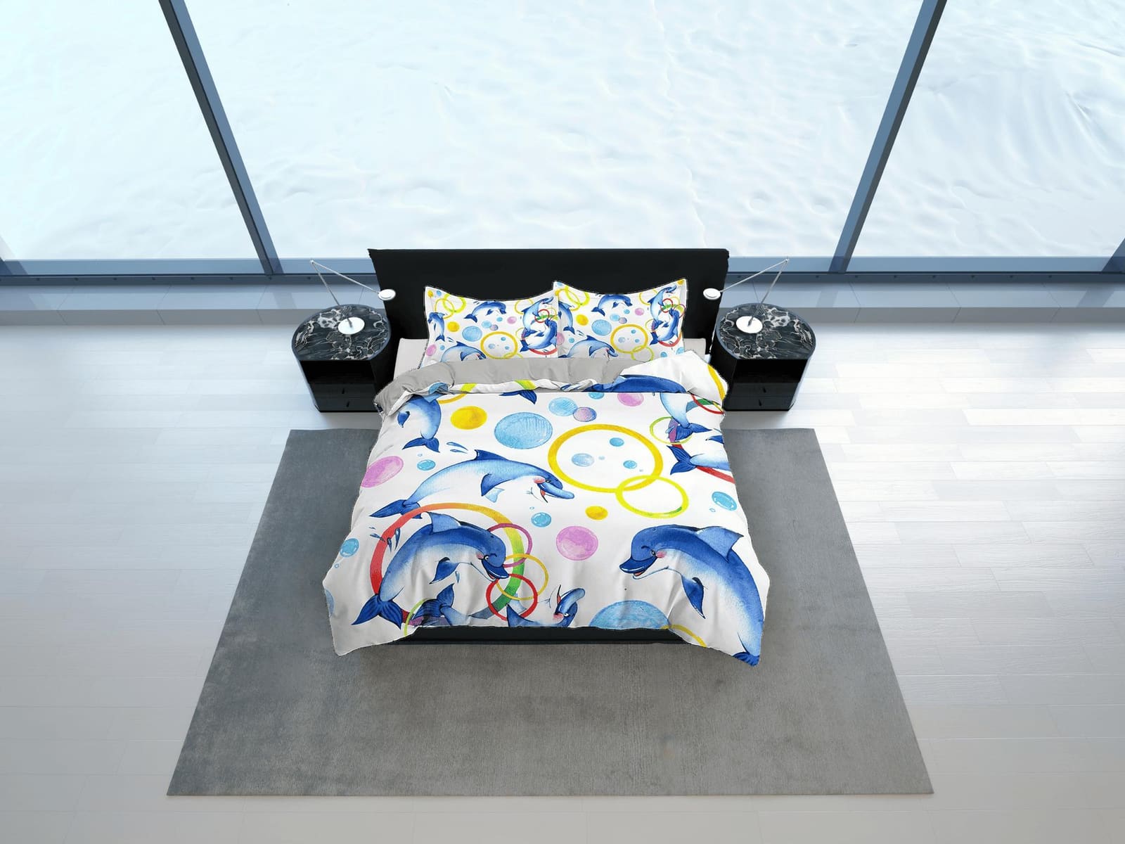Colorful dolphin bedding white duvet cover, ocean blush decor bottle nose dolphin bedding set full king queen twin, colleg…