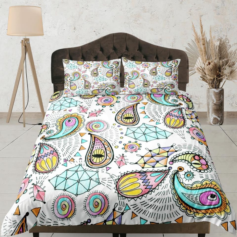 Colorful doodle paisley duvet cover set, aesthetic room decor bedding set full, king, queen size, abstract boho bedspread,…
