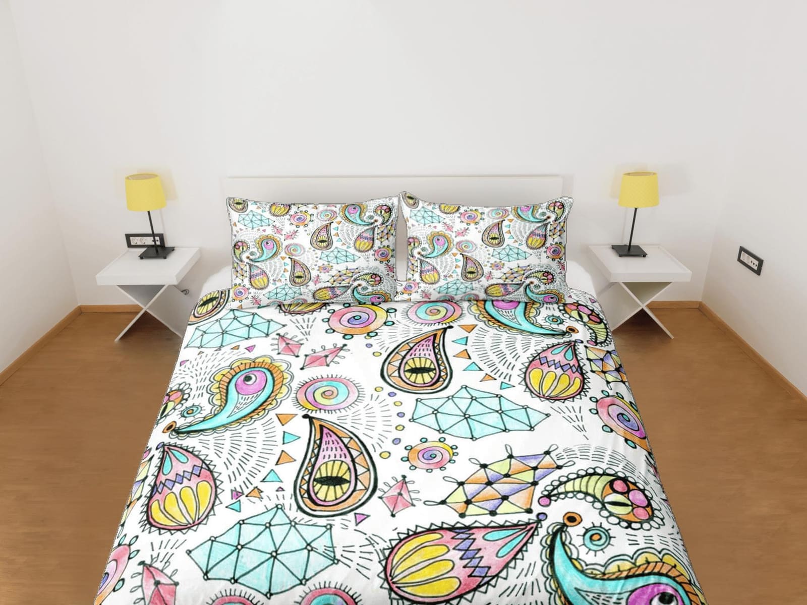 Colorful doodle paisley duvet cover set, aesthetic room decor bedding set full, king, queen size, abstract boho bedspread,…