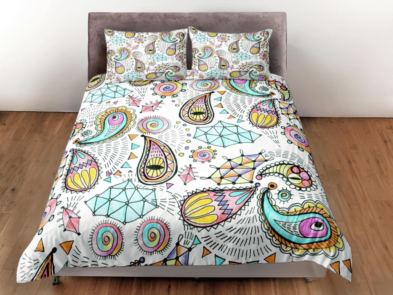 Colorful doodle paisley duvet cover set, aesthetic room decor bedding set full, king, queen size, abstract boho bedspread,…