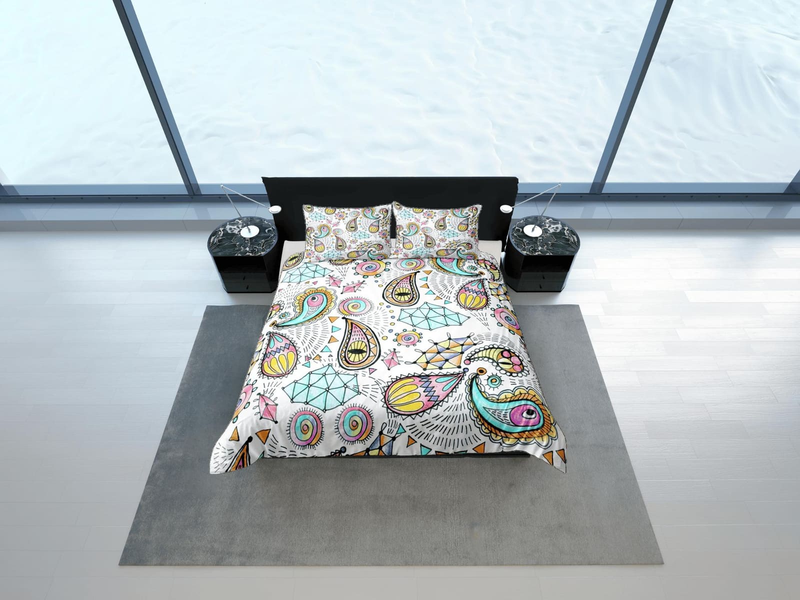 Colorful doodle paisley duvet cover set, aesthetic room decor bedding set full, king, queen size, abstract boho bedspread,…