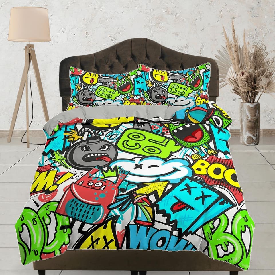 Colorful Doodles Street Art Bedding, Duvet Cover & Pillowcase, Zipper Bedding, Dorm Bedding, Teens Adult Duvet King Queen…