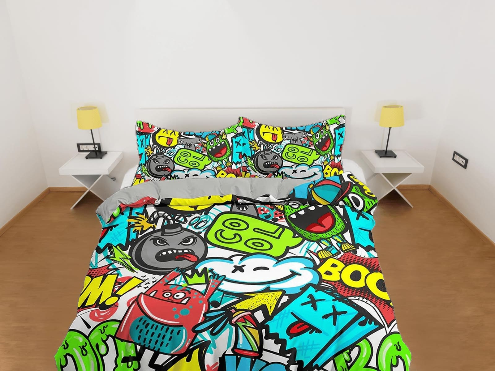 Colorful Doodles Street Art Bedding, Duvet Cover & Pillowcase, Zipper Bedding, Dorm Bedding, Teens Adult Duvet King Queen…