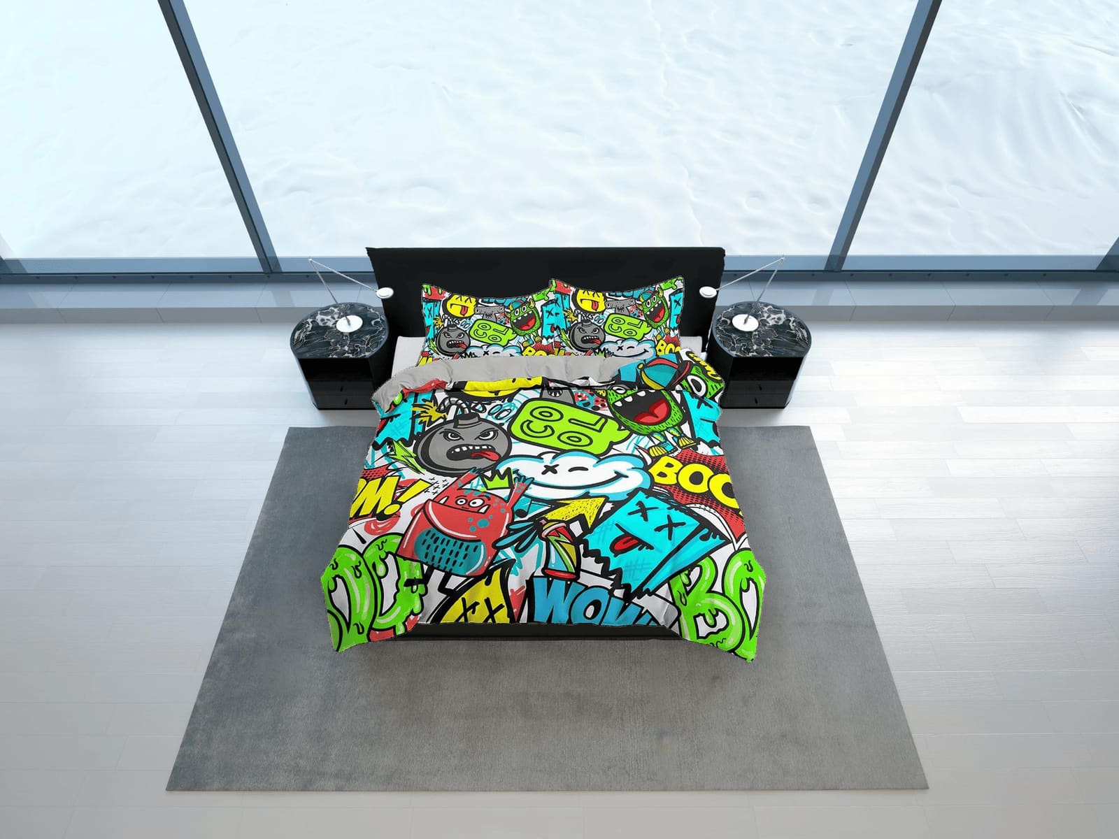 Colorful Doodles Street Art Bedding, Duvet Cover & Pillowcase, Zipper Bedding, Dorm Bedding, Teens Adult Duvet King Queen…