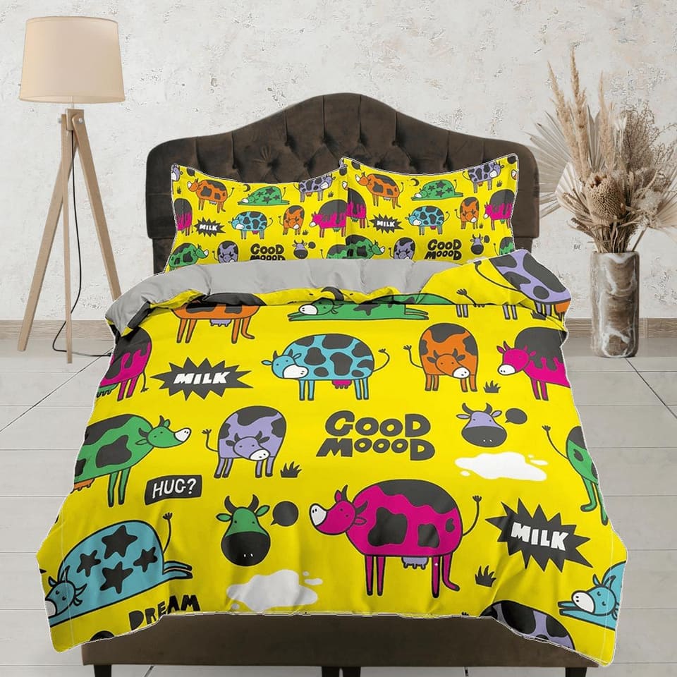 Colorful Farm Animals Yellow Bedding, Duvet Cover & Pillowcase, Zipper Bedding, Dorm Bedding, Teens Adult Duvet King Queen…