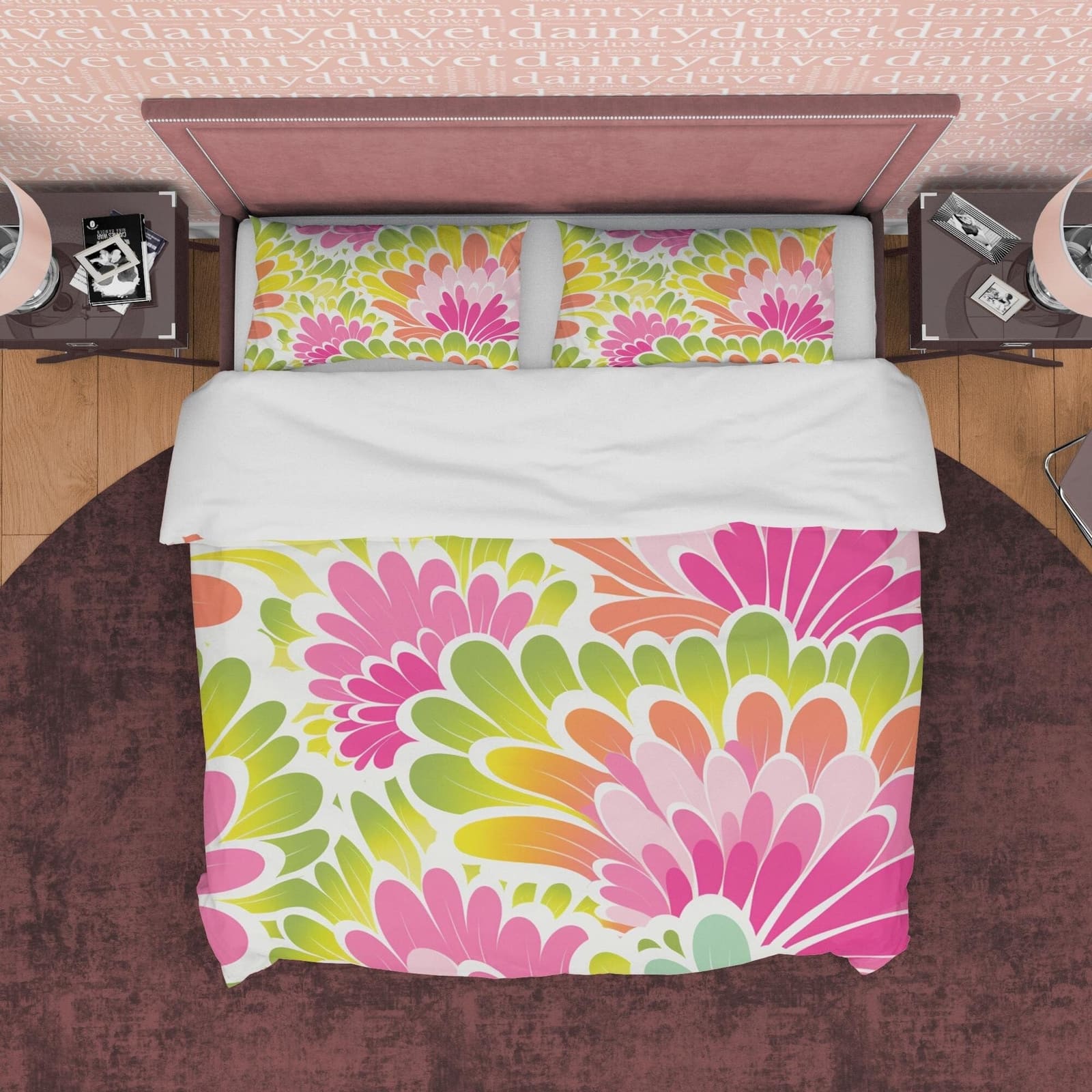 Colorful Floral Boho Bedding Pink Duvet Cover Bohemian Bedroom Set, Aesthetic Yellow Green Bedspread, Bright Colors Unique…