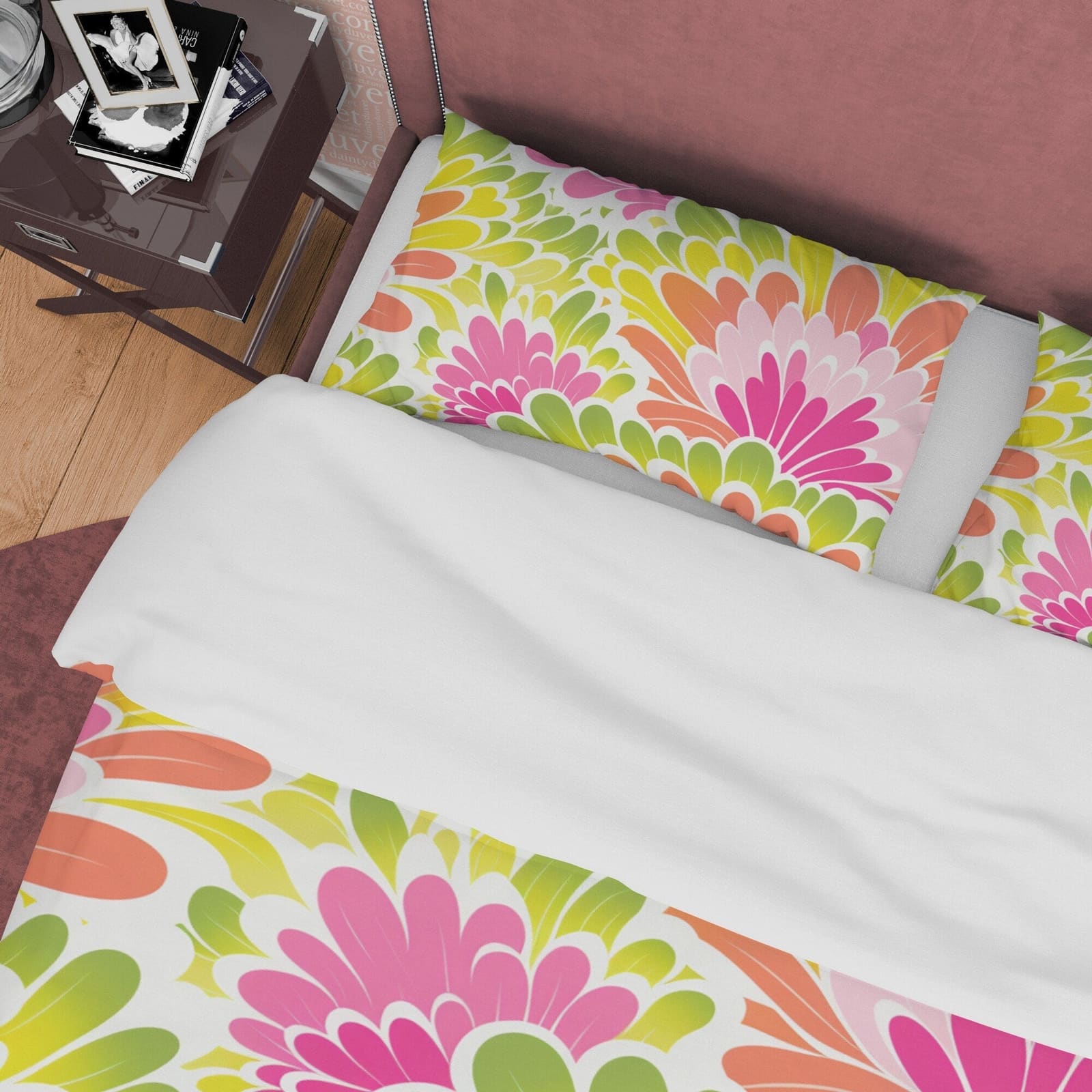 Colorful Floral Boho Bedding Pink Duvet Cover Bohemian Bedroom Set, Aesthetic Yellow Green Bedspread, Bright Colors Unique…