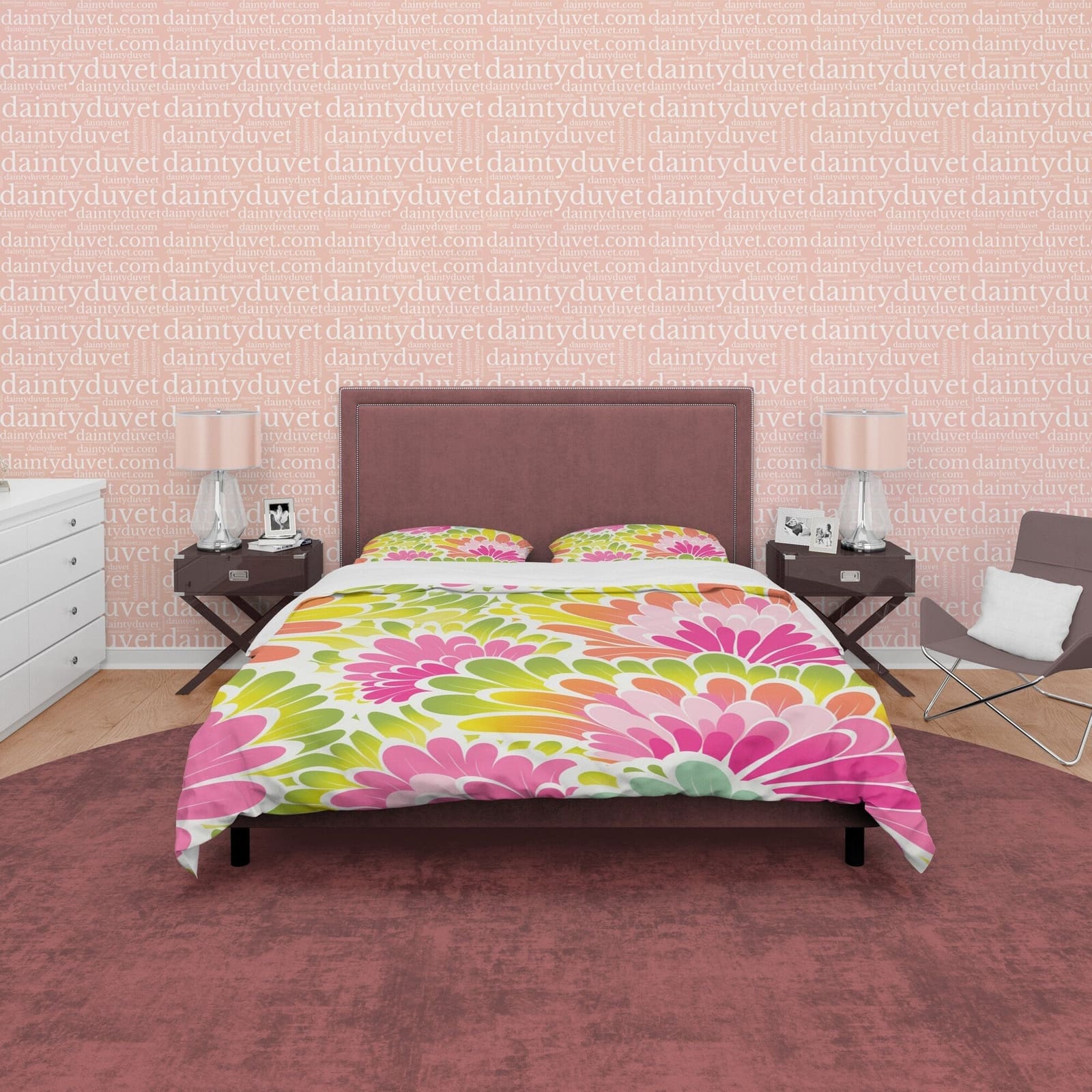 Colorful Floral Boho Bedding Pink Duvet Cover Bohemian Bedroom Set, Aesthetic Yellow Green Bedspread, Bright Colors Unique…
