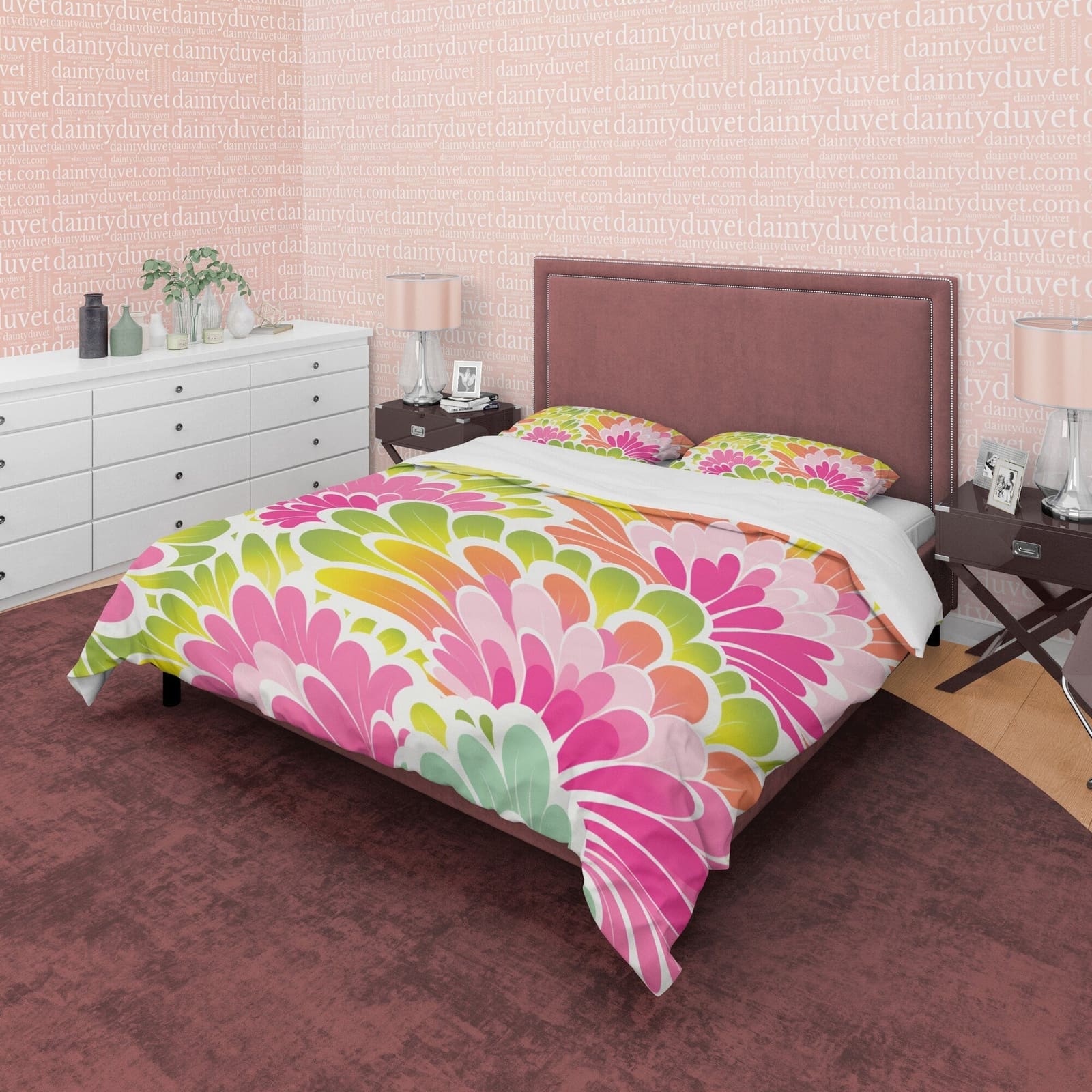 Colorful Floral Boho Bedding Pink Duvet Cover Bohemian Bedroom Set, Aesthetic Yellow Green Bedspread, Bright Colors Unique…