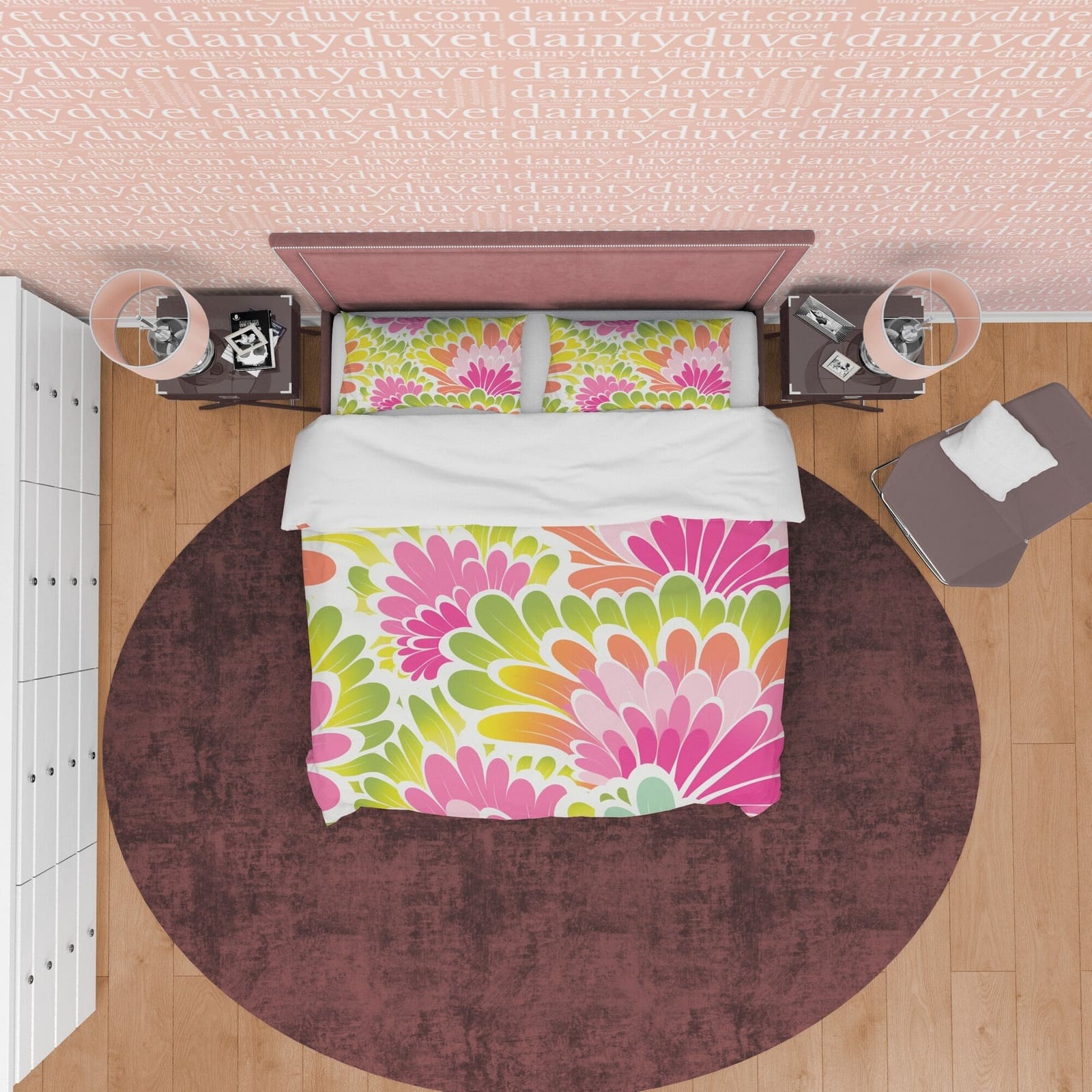 Colorful Floral Boho Bedding Pink Duvet Cover Bohemian Bedroom Set, Aesthetic Yellow Green Bedspread, Bright Colors Unique…