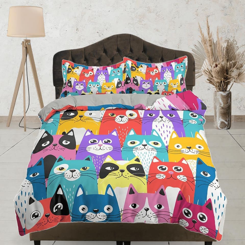 Colorful Funny Cats Kids Duvet Cover Set, Toddler Bedding, Kids Bedroom, Cute Bedding for Cat Lovers, Duvet King Queen Ful…