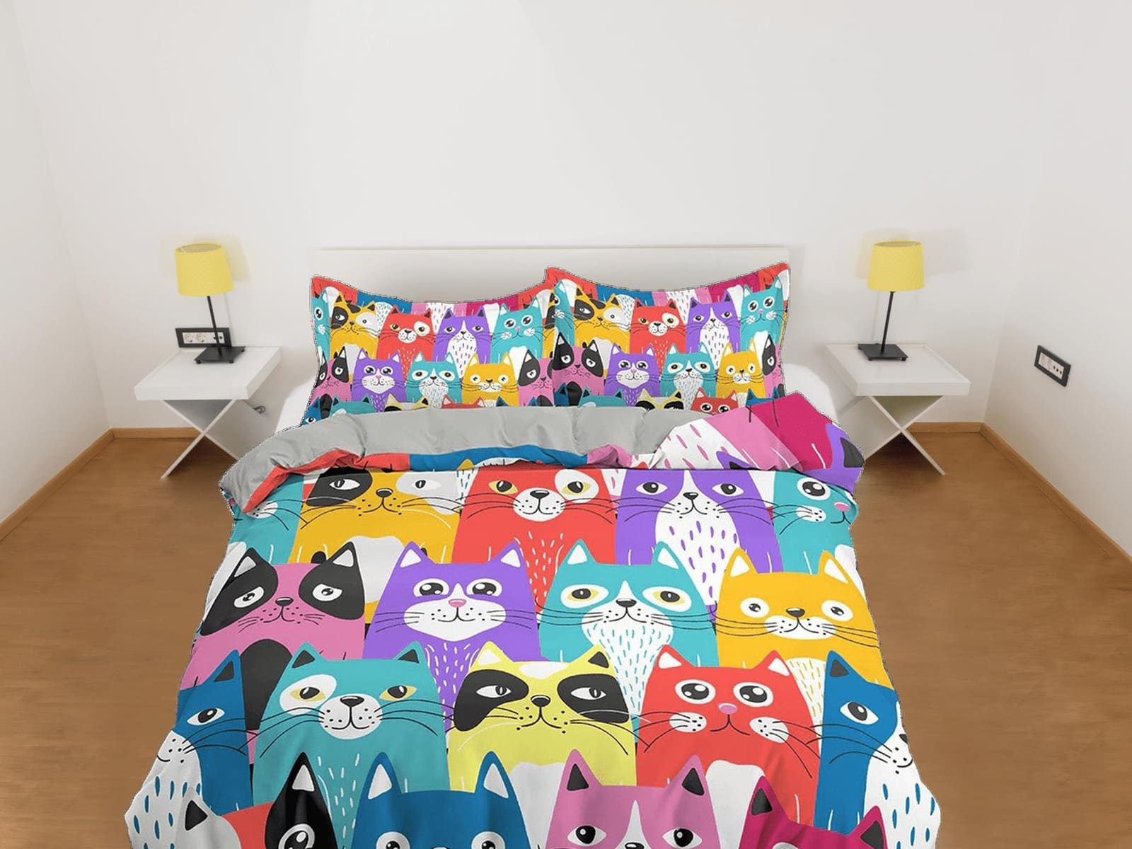 Colorful Funny Cats Kids Duvet Cover Set, Toddler Bedding, Kids Bedroom, Cute Bedding for Cat Lovers, Duvet King Queen Ful…