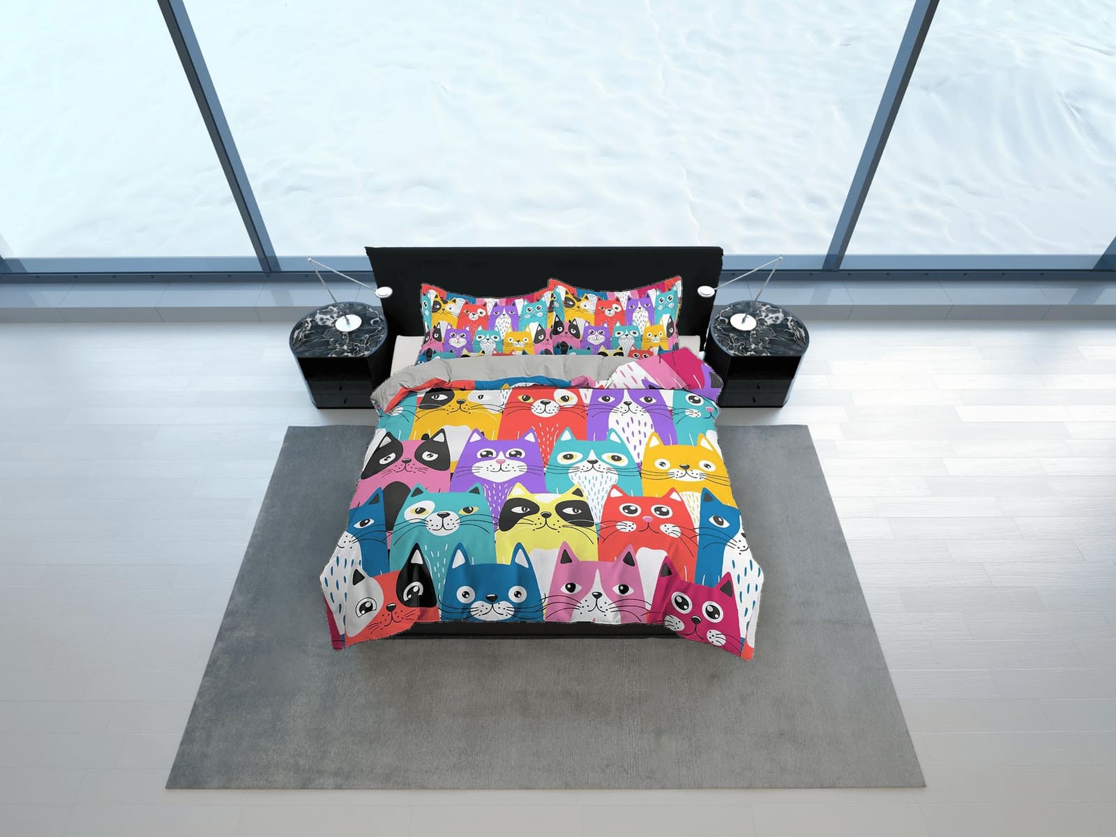 Colorful Funny Cats Kids Duvet Cover Set, Toddler Bedding, Kids Bedroom, Cute Bedding for Cat Lovers, Duvet King Queen Ful…
