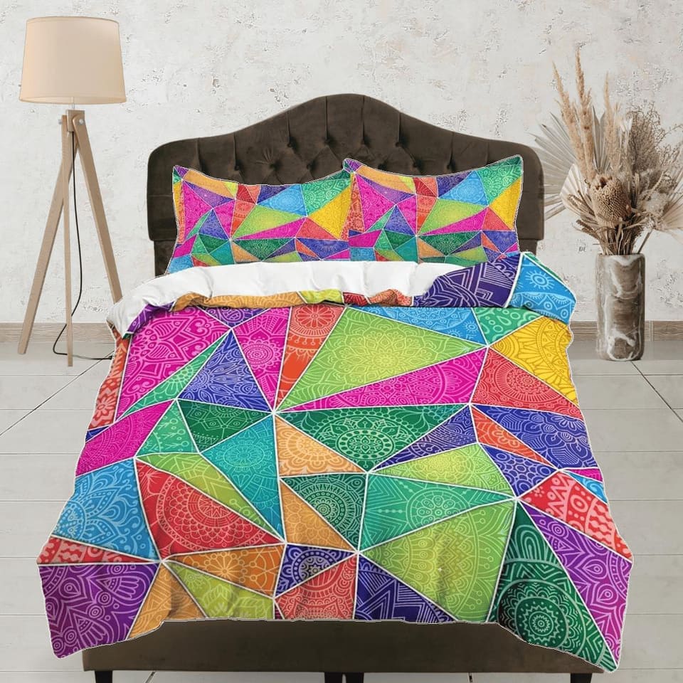 Colorful geometric patchwork quilt printed duvet cover, aesthetic room decor bedding set full, king, queen size, boho beds…