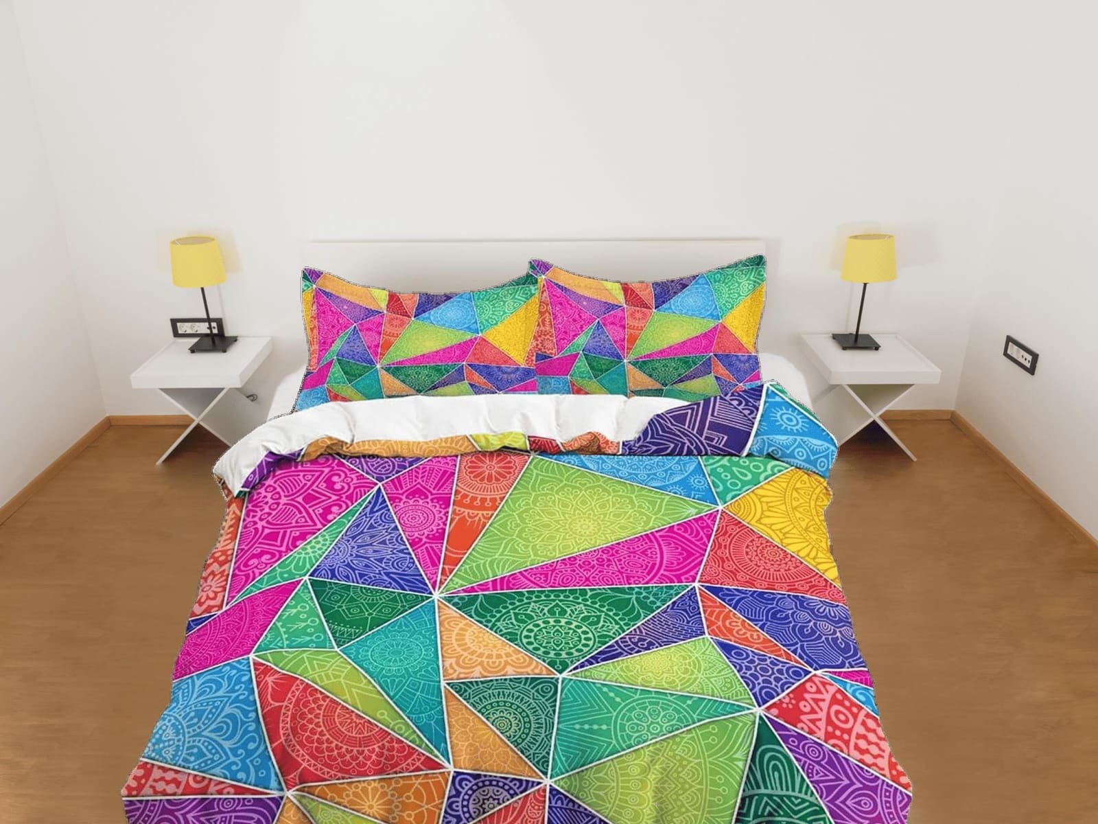 Colorful geometric patchwork quilt printed duvet cover, aesthetic room decor bedding set full, king, queen size, boho beds…
