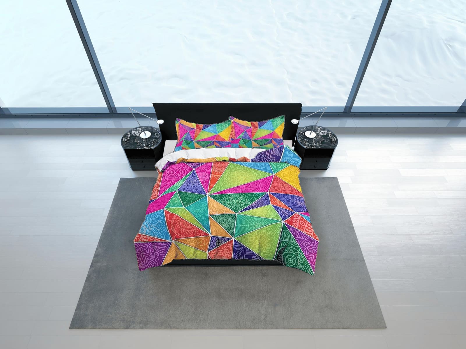 Colorful geometric patchwork quilt printed duvet cover, aesthetic room decor bedding set full, king, queen size, boho beds…