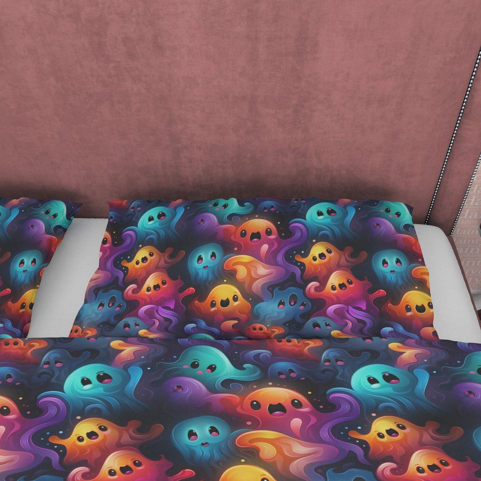 Colorful Ghosts, Fancy Duvet Cover Set & Pillowcase, Aesthetic Zipper Bedding, Halloween Room Decor, US, UK, European, Aus…