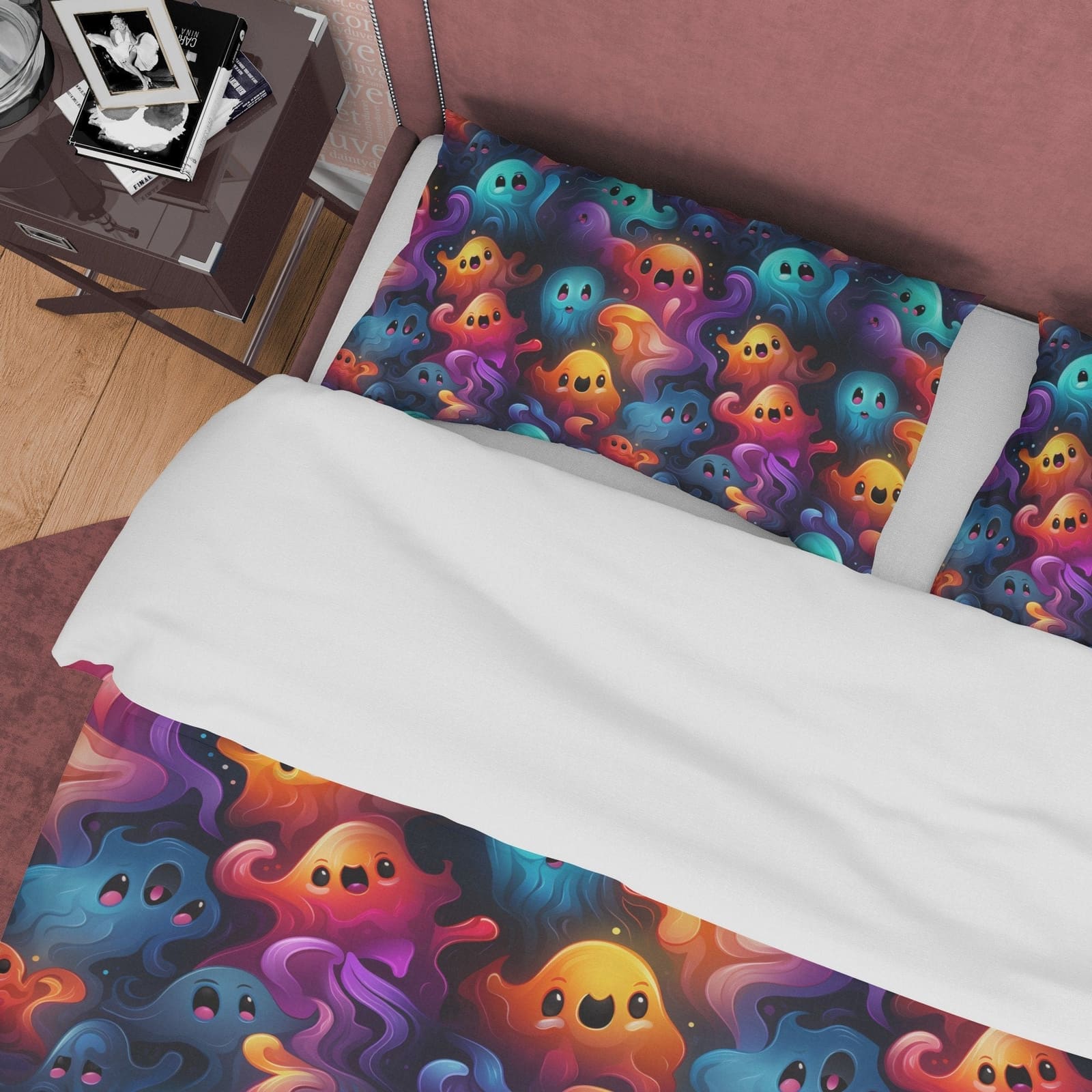 Colorful Ghosts, Fancy Duvet Cover Set & Pillowcase, Aesthetic Zipper Bedding, Halloween Room Decor, US, UK, European, Aus…