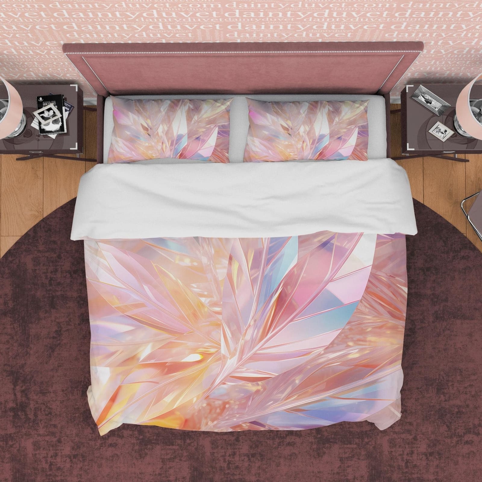 Colorful Glass Leaf Bedding Set Boho Duvet Cover, Holographic Feather Quilt Cover, Moonstone Inspired Bedspread, Galaxy Op…
