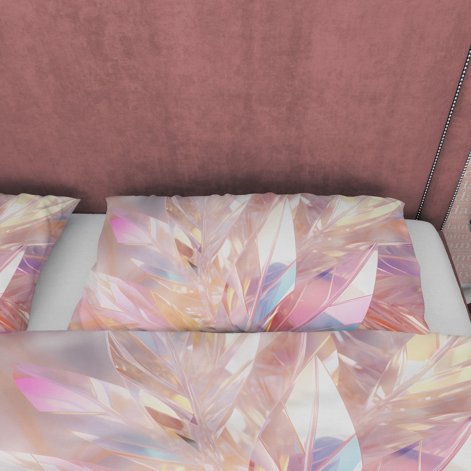 Colorful Glass Leaf Bedding Set Boho Duvet Cover, Holographic Feather Quilt Cover, Moonstone Inspired Bedspread, Galaxy Op…