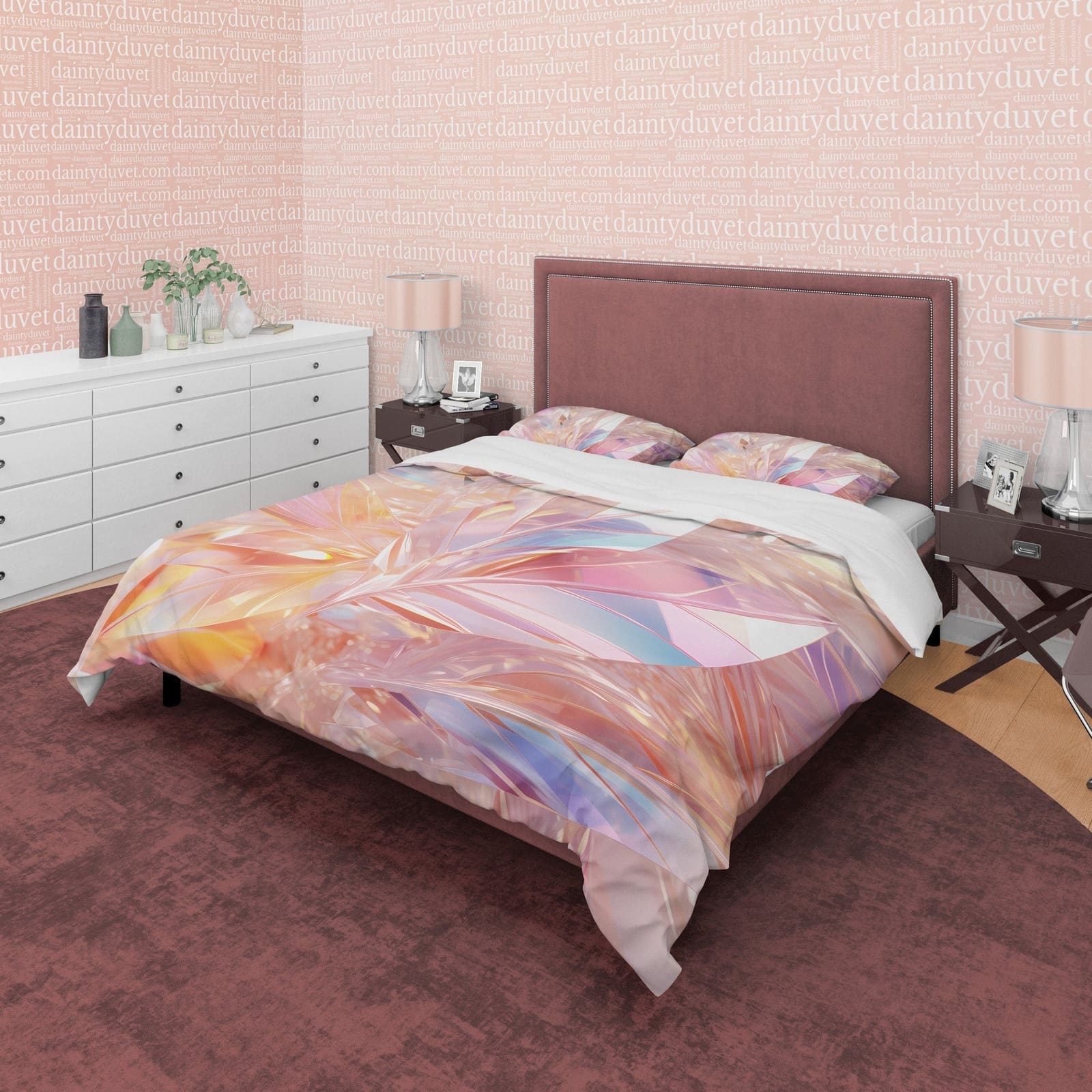 Colorful Glass Leaf Bedding Set Boho Duvet Cover, Holographic Feather Quilt Cover, Moonstone Inspired Bedspread, Galaxy Op…