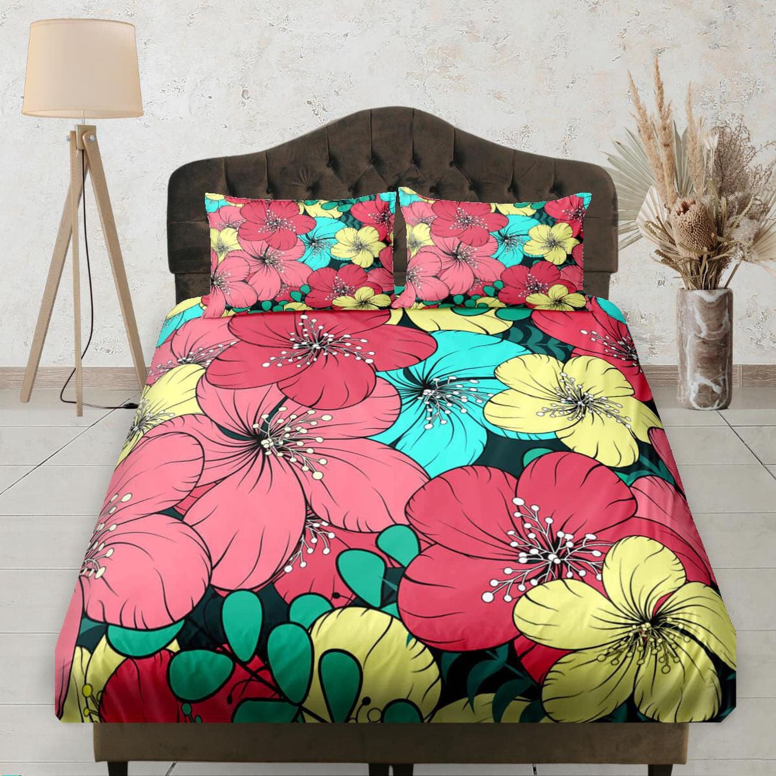 Colorful Hibiscus Bedding, Fitted Bedsheet, Deep Pocket, Floral Prints, Aesthetic Boho Bedding Set, Dorm Bedding, Crib She…