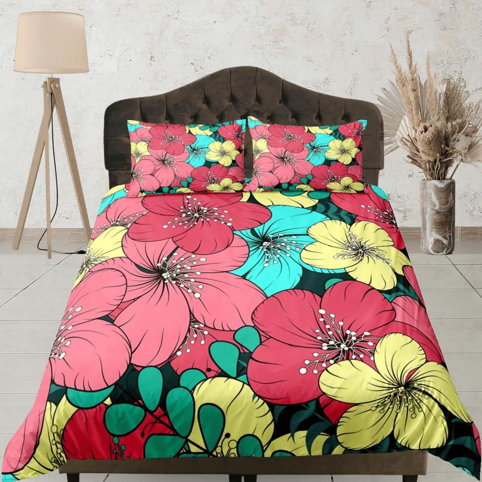 Colorful hibiscus floral bedding, luxury duvet cover queen, king, boho duvet, designer bedding, aesthetic bedding, maximal…